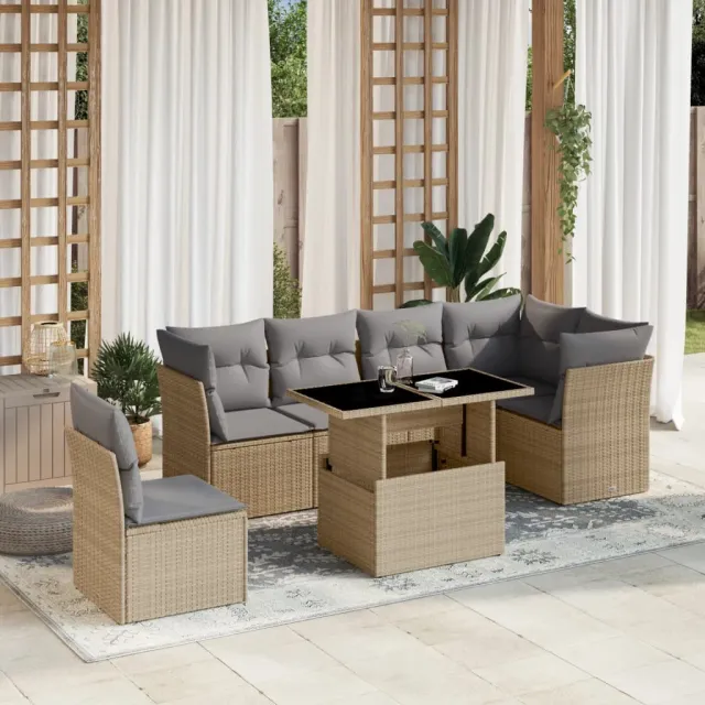 vidaXL 7-delige Loungeset met kussens poly rattan beige, foto 2