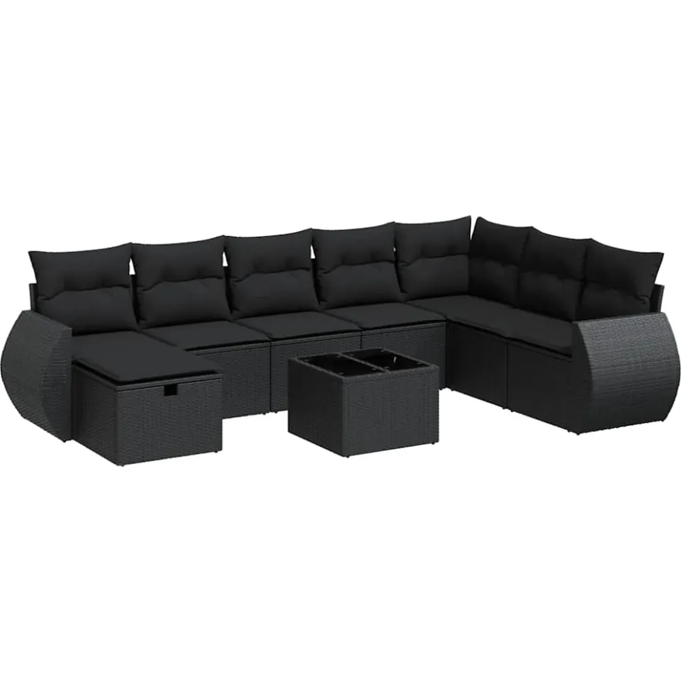 vidaXL 9-delige Loungeset met kussens poly rattan zwart, foto 3