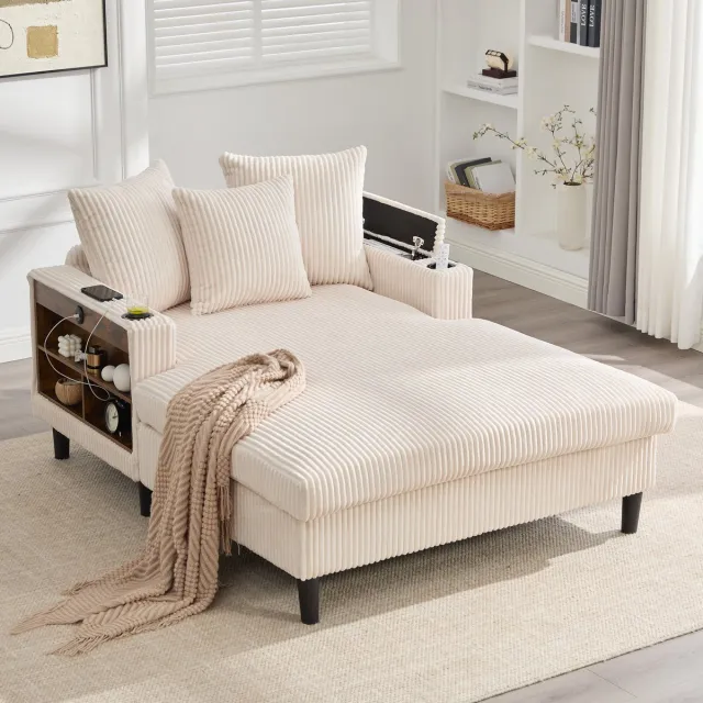 REDOM Chaise Longue Met Opbergruimte, USB-Poort, Ledverlichting En Bekerhouders - Ribfluweel - Beige - 129 x 170 x 70 cm