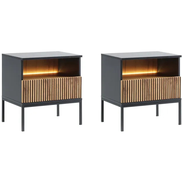 Vente-unique Set van 2 nachtkastjes met 1 lade en 1 nis - Met ledverlichting - Zwart en naturel - OVILA Zwart, Natuurlijk licht
