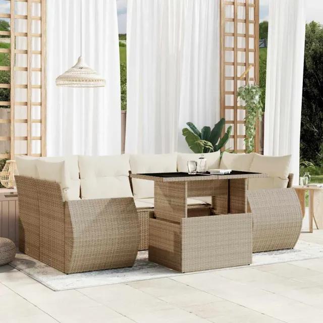 vidaXL 7-delige Loungeset met kussens poly rattan beige, foto 2