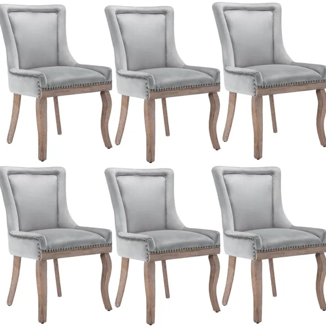 Merax Luxueuze Esszimmerstoelen (Set van 4) - Gepolsterde Keuken- en Woonkamerstoelen met Nagelkopafwerking en Massief Houten Poten - Grijs