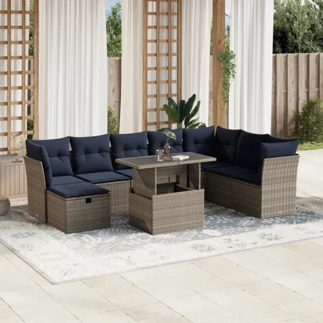 vidaXL 9-delige tuinbankset met kussens, grijs polyrotan, foto 2