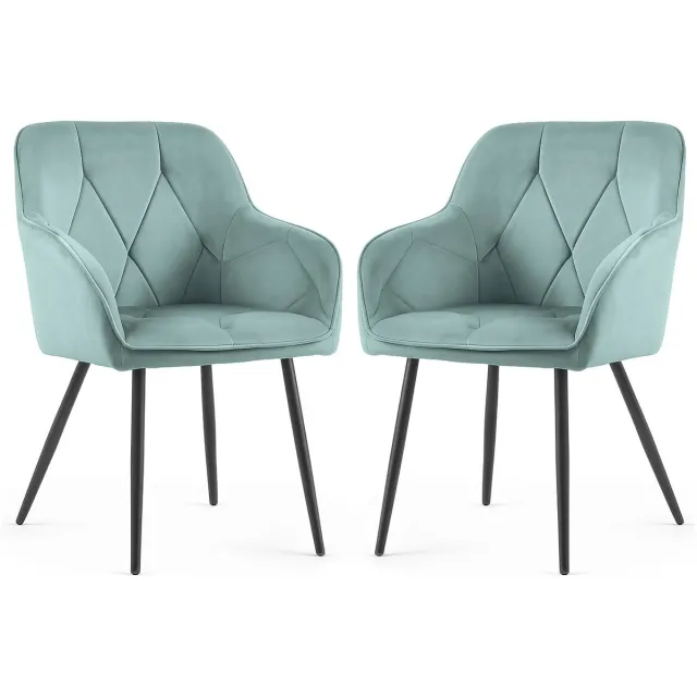 Akord Set van 2 Eetkamerstoelen DIAMANTE met Armleuningen / Gestoffeerde Stoelen / Fluwelen Stoelen en Metalen Poten / Turkooizen kleur met zwarte benen