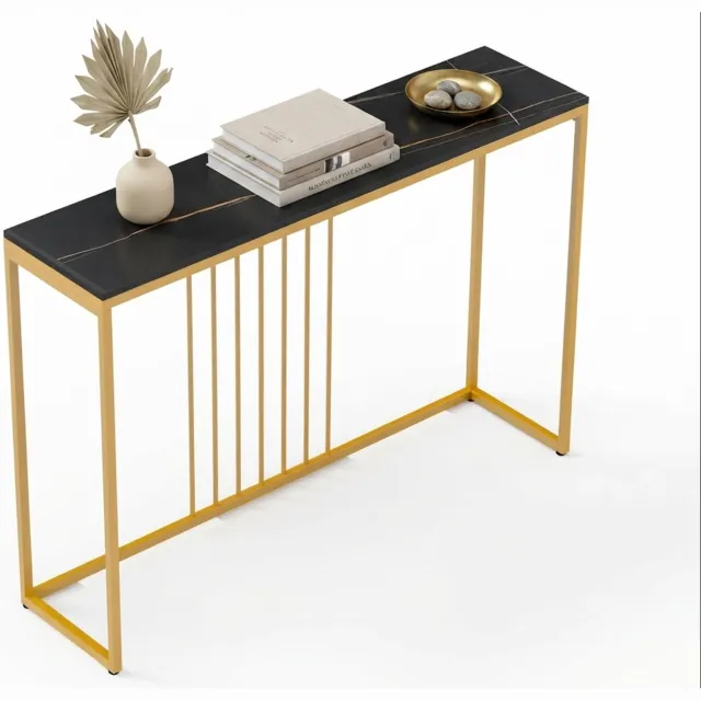 Klarven Bijzettafel Sintersteen - Bijzettafel Bank - Bijzettafel Rond - Bijzettafel - Metalen Poten, Ruime Opbergplank - Rechthoekig b120xd30xh78,5cm Goud
