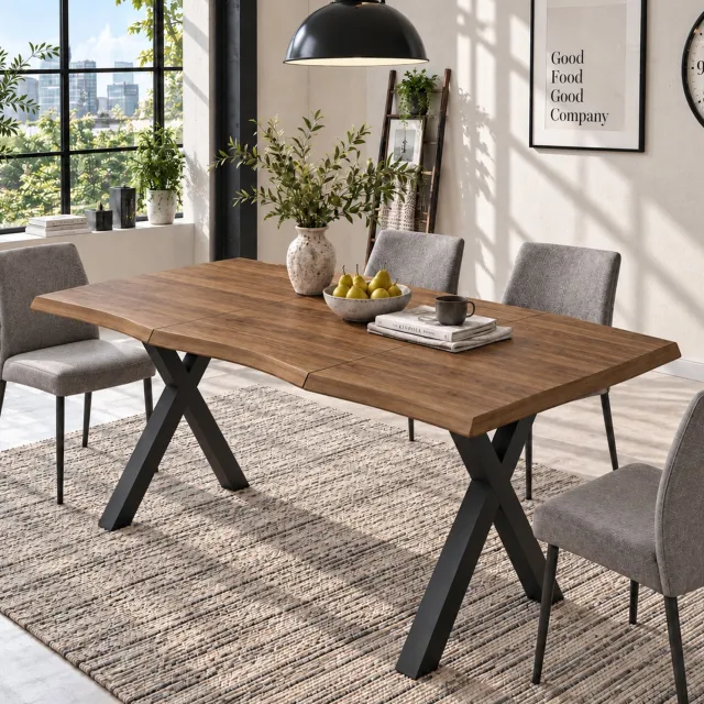 Maisentiel Eettafel 160 x 78 cm met golvende rand, MDF en ijzeren X-poten, walnootkleur