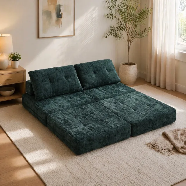 MEUNIQ Opvouwbare slaapbank 79 x 79 x 57 cm, vloersofa met hoofd- en lendenkussens, chenille, slaapfunctie en 200 kg draagvermogen, smaragdgroen