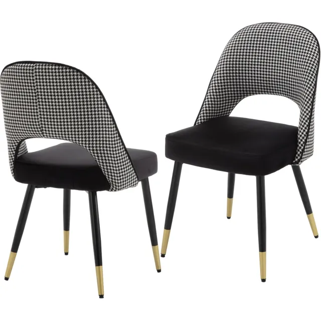 chairus Eetkamerstoel Set van 2 stoelen - Zwart - Velvet - Houndstooth Patroon - Met Metalen Poten - Holle rug - Armloze stoelen - Gewatteerde zitting - Voor de Woonkamer en Keuken