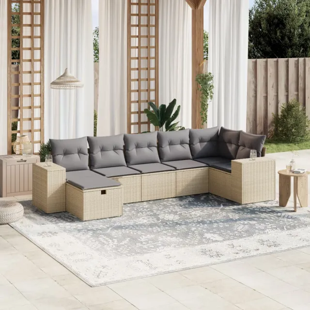 vidaXL 7-delige Loungeset met kussens poly rattan gemengd beige, foto 2