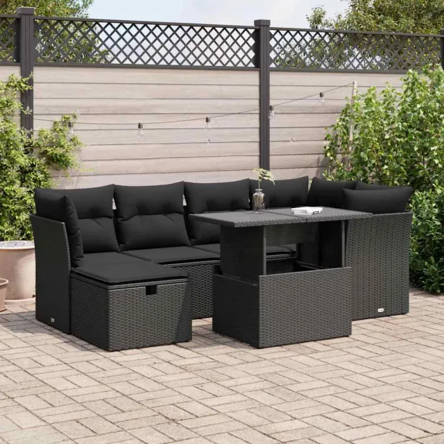 vidaXL 7-delige Loungeset met kussens poly rattan zwart, foto 2