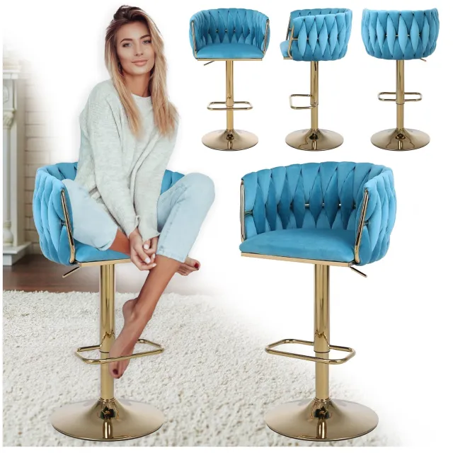 VELACO Turquoise fluwelen barkruk met gouden onderstel - SURI