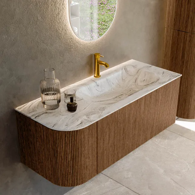 Mondiaz KURVE-DLUX 115 cm Onderkast Greeploos 1 Lade Met Deuren Walnut, Wastafel Solid Surface Rechts Glace 1 Kraangat Zonder Spiegel (KRVBGS115L1L1D1KR-Wal/Gla)