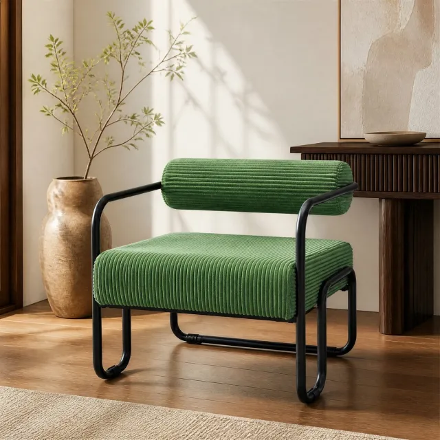 DESMIU Fauteuil - Groene Corduroy - Met Armleuningen En Zwarte Metalen Frame - Voor Woonkamer Slaapkamer En Kantoor - Modern Industrieel - 68,5 X 73 X 70,5 Cm Green