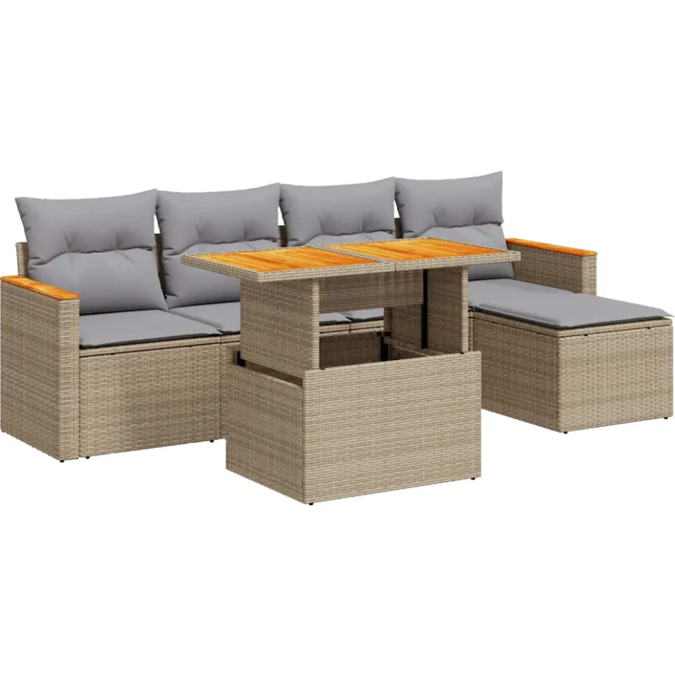 vidaXL 6-delige Loungeset met kussens poly rattan acacia beige, foto 3