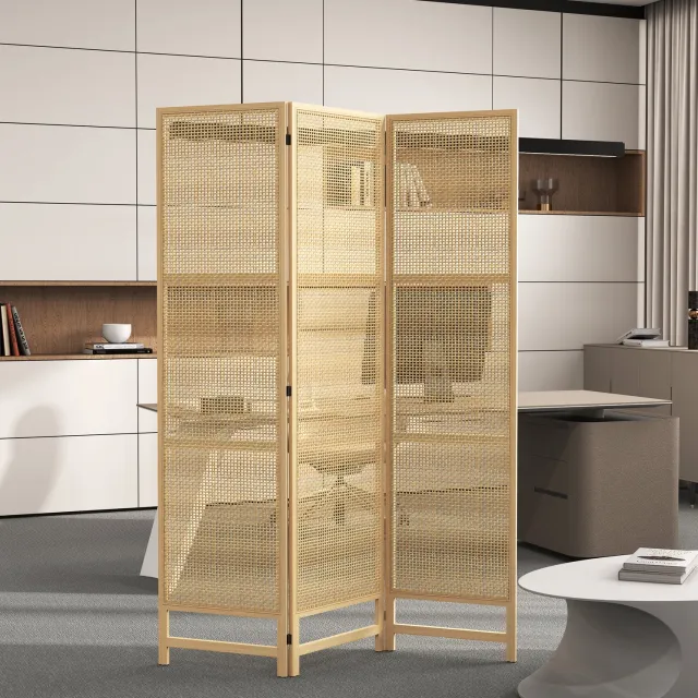 HAUSS SPOLE Kamerscherm Opvouwbaar – Driedelig – 135 x 180 cm – Hout en Kunststof – Naturel – voor Woonkamer en Slaapkamer – met Zes Metalen Scharnieren Naturel houtkleur