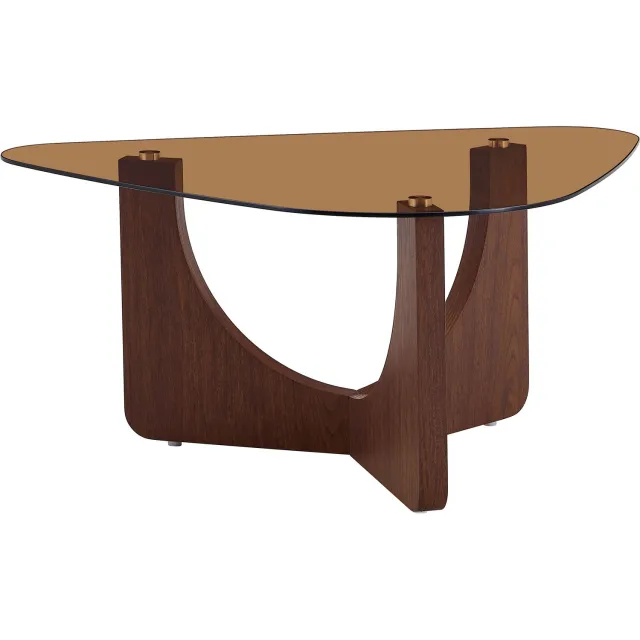 MUVANO Driehoekige salontafel - Glazen tafel - Getint gehard glas - MDF-onderstel in donkere houtlook - Met antislipvoetjes - Woonkamer bruin