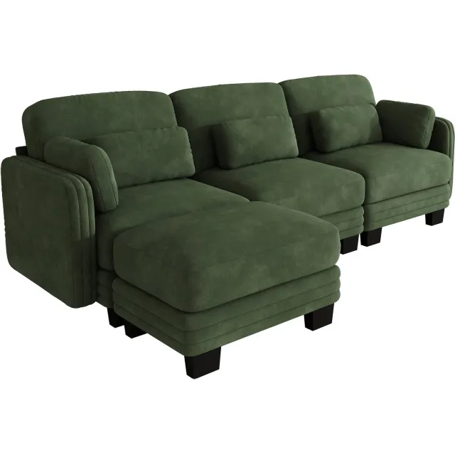 Wishdor 3-zits hoekbank - Modulaire L-vorm met losse voetenbank - Verplaatsbare lenden- en armkussens - Diepe zitting - Chenille bekleding - Woonkamer appartement - Groen - 253 x 143 x 88 cm
