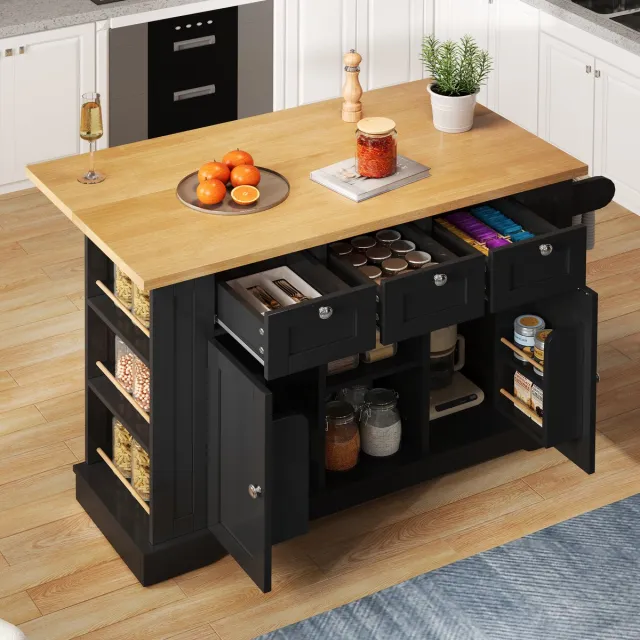 MIVRAY Keukeneiland - Uitschuifbaar Werkblad Met Stopcontact En Wielen - Voor Keuken En Eethoek - MDF - 132x40x87 Cm Zwart