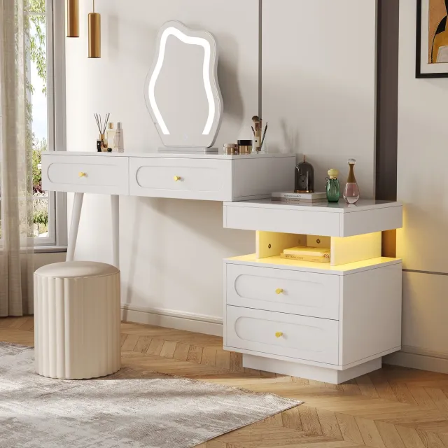 REDOM Schminktafel - Met instelbare LED-verlichting - Met 4 ruime lades - B140/D40/H130 cm wit