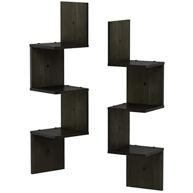 Furinno Rossi 3-laags set van 2 zwevende vierkante hoekplanken voor aan de muur, espresso