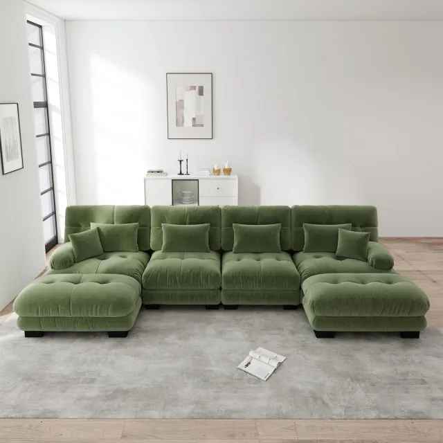 Merax Modulaire hoekbank - U-vormige woonkamerbank - 4-zitsbank - met hocker - met lendenkussen en sierkussen - groen