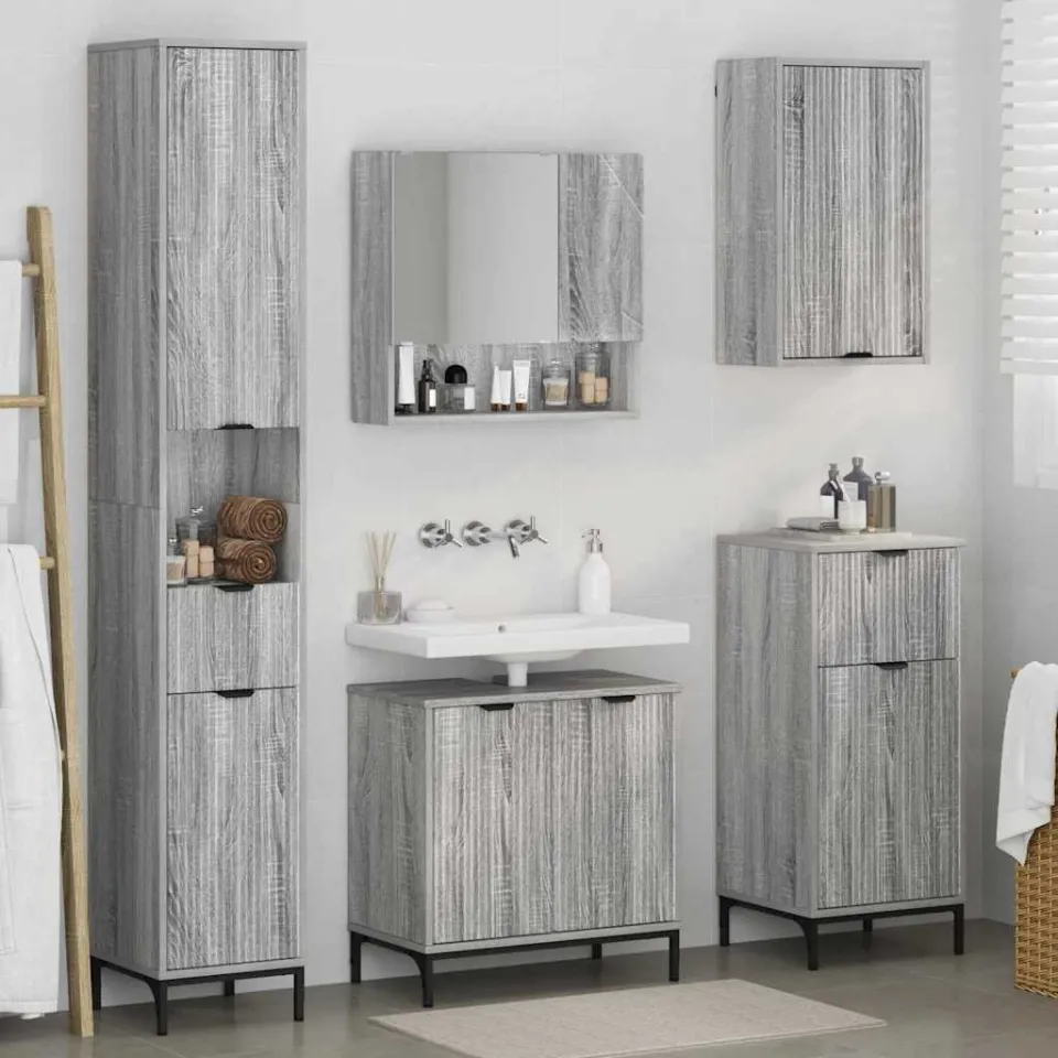vidaXL Badkamermeubelset 4 st Grijs Sonoma Engineered hout, Metaal, foto 4