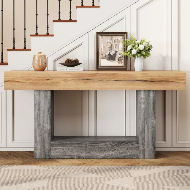 HAUSS SPOLE Sidetable - Tweekleurig Houtlook Design Met Opbergplank - Voor Hal En Woonkamer - Spaanplaat - 160x30x82,5 Cm Natuurlijk