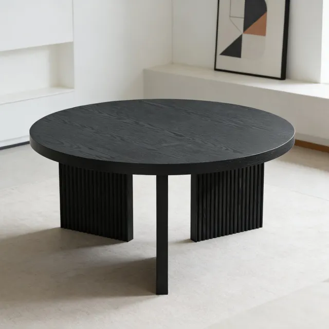 MODENUIT Salontafel - Rond Met Geribbelde Basis - Voor Woonkamer En Slaapkamer - MDF - Zwart - 80x80x42 Cm