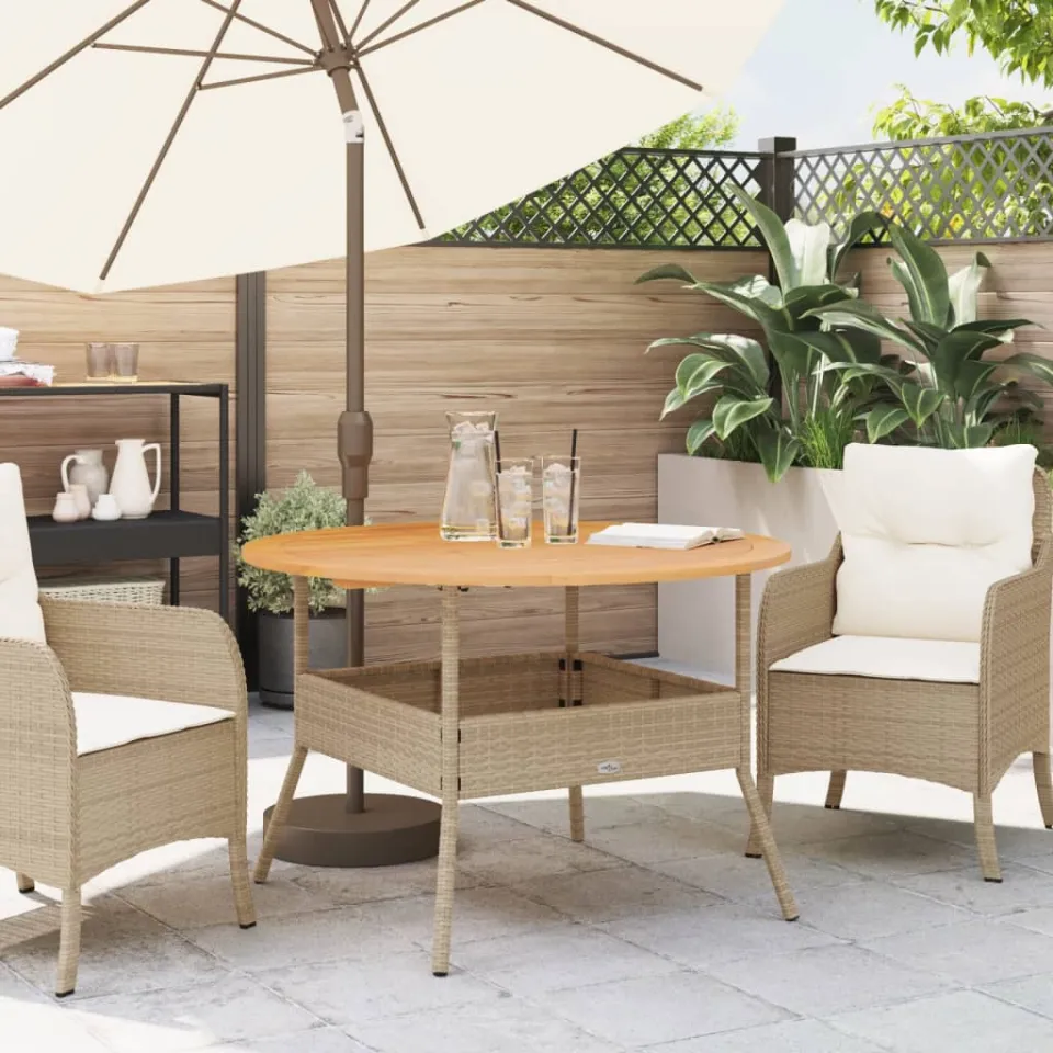 vidaXL Tuintafel met acaciahouten blad Ø110x71 cm poly rattan beige, foto 3