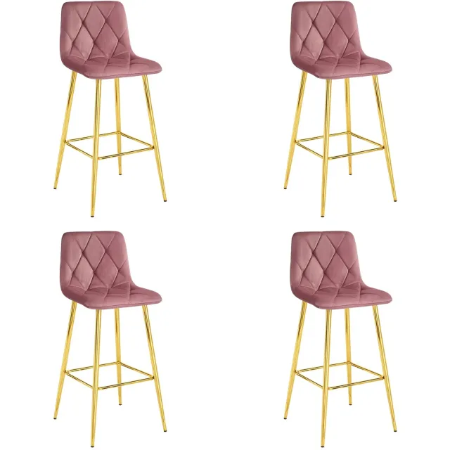 LEOBERT Set van 4 Barkrukken NADO – Donkerroze Velvet / Fluweel – Gestoffeerde Barstoelen met Rugleuning en Voetsteun – Goudkleurige Metalen Poten – Modern Design – Voor Keukeneiland, Keuken, Bartafel en Thuisbar