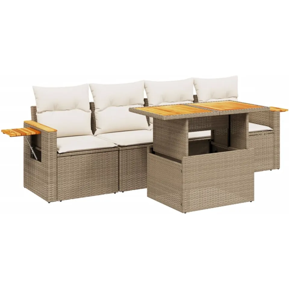 vidaXL 5-delige Loungeset met kussens poly rattan beige, foto 3