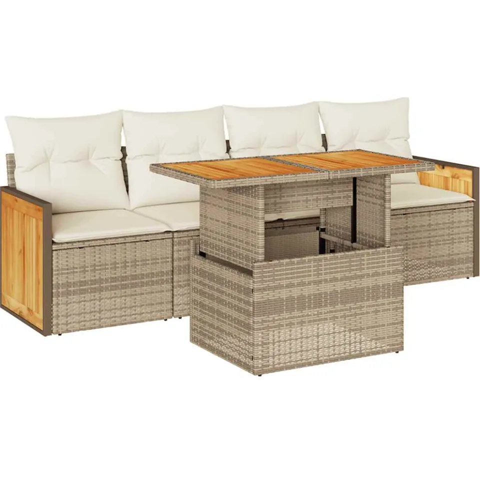 vidaXL 5-delige Loungeset met kussens poly rattan en acaciahout beige, foto 3
