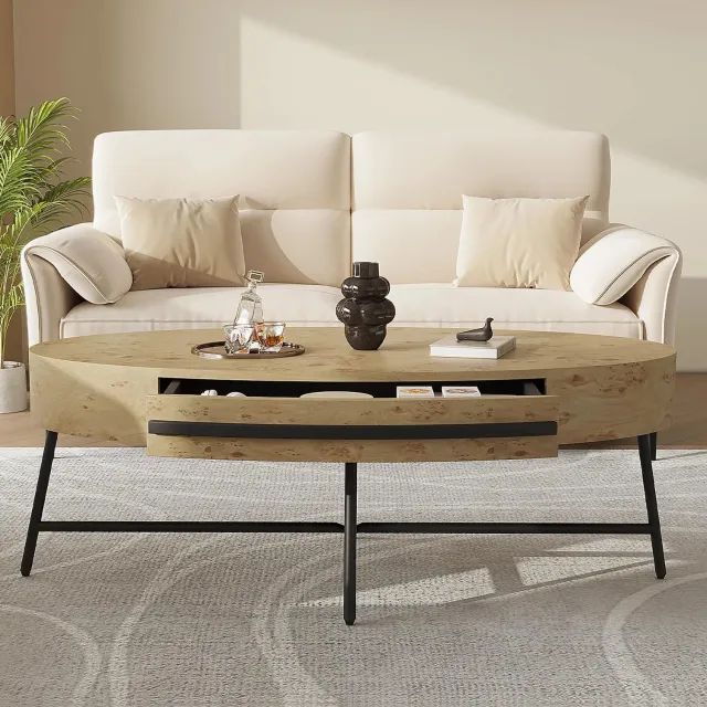 Gudalio Salontafel - Bijzettafel - Koffietafel - Banktafel - Modern - Opbergruimte - Metalen Frame - Hout - 120x60x40 cm - Ovaal Bruin