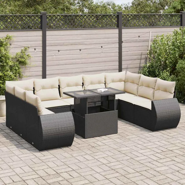 vidaXL 10-delige Loungeset met kussens poly rattan zwart, foto 2