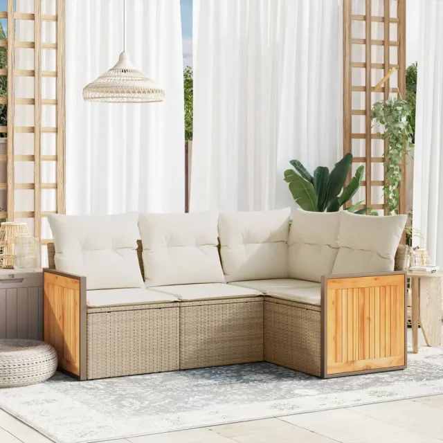 vidaXL 4-delige Loungeset met kussens poly rattan beige, foto 2