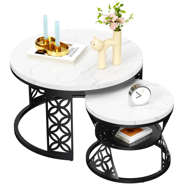 REDOM Salontafel Set van 2 – Ronde Salontafel Marmerlook – Moderne Nesting Salontafel – Woonkamer Tafel / Bijzettafel – Stevig Metalen Frame – Ruimtebesparend Design – Wit/Zwart Wit+Zwart