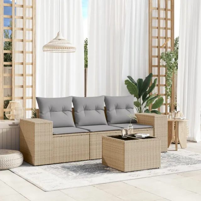 vidaXL 4-delige Loungeset met kussens poly rattan beige, foto 2