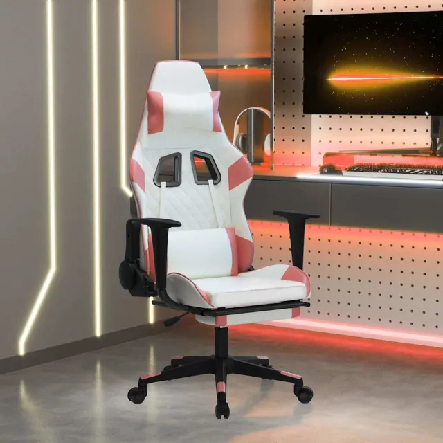 vidaXL Gamestoel met voetensteun kunstleer wit en roze, foto 2