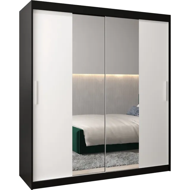 InspireME Kledingkast met 2 schuifdeuren, Modern-stijl, Kledingkast met planken (BxHxD): 180x200x62 - TORM I 180 Zwart Mat + Wit Mat met 4 lades