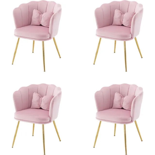 Merax Set van 4 moderne fluwelen stoelen met bloemblad rugleuning - gouden metalen poten en vlinderkussen - voor woonkamer - slaapkamer en eetkamer Roze