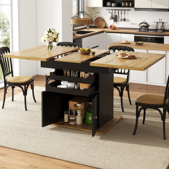 MODFU Uitschuifbare Eettafel - Met Opbergruimte En Laden - Elegant - Voor Eetkamer - MDF En Metaal - Zwart - 110-140 x 80 x 76 cm
