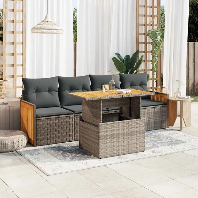 vidaXL 5-delige Loungeset met kussens poly rattan acacia grijs, foto 2