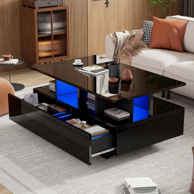 MEUNIQ Salontafel 90 x 55 x 41 cm met ledverlichting, 2 lades, open vak en hoogglans opbergruimte voor woonkamer, zwart
