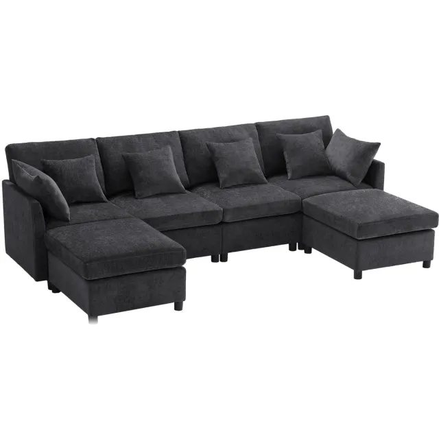 Merax Modern Chenille Hoekbank met Afneembare Voetenbank - L-vormige en U-vormige Modulaire Sofa - 6 Zitsbank met 6 Kussens - Grijs - 278x161x81 cm