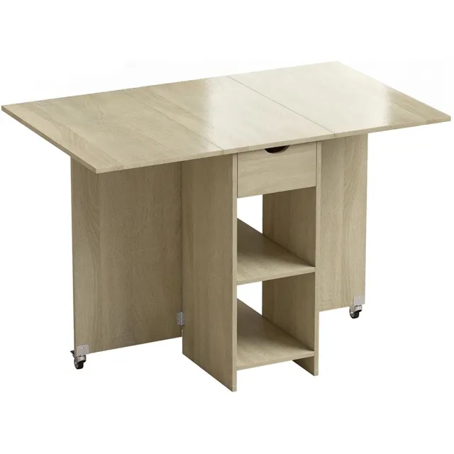 Pugsdrly Opklapbare eettafel - Voor 2-4 personen - Verrijdbaar - Met open vak en lade - Ideaal voor kleine ruimtes - Naturel Natuurlijk hout