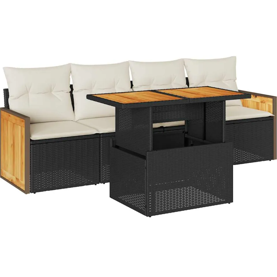 vidaXL 5-delige Loungeset met kussens poly rattan acacia zwart, foto 3