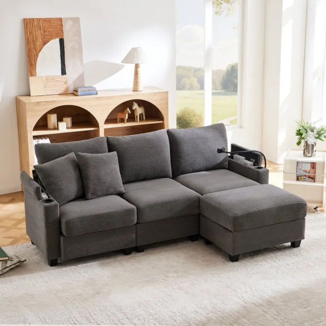 MODFU Hoekbank - Verwisselbare Opstelling En USB-Oplaadpoort - Woonkamer - Ribfluweel - Donkergrijs - 213,5 X 139 X 87 Cm Donker Grijs