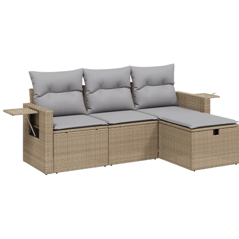 vidaXL 4-delige Loungeset met kussens poly rattan gemengd beige, foto 3