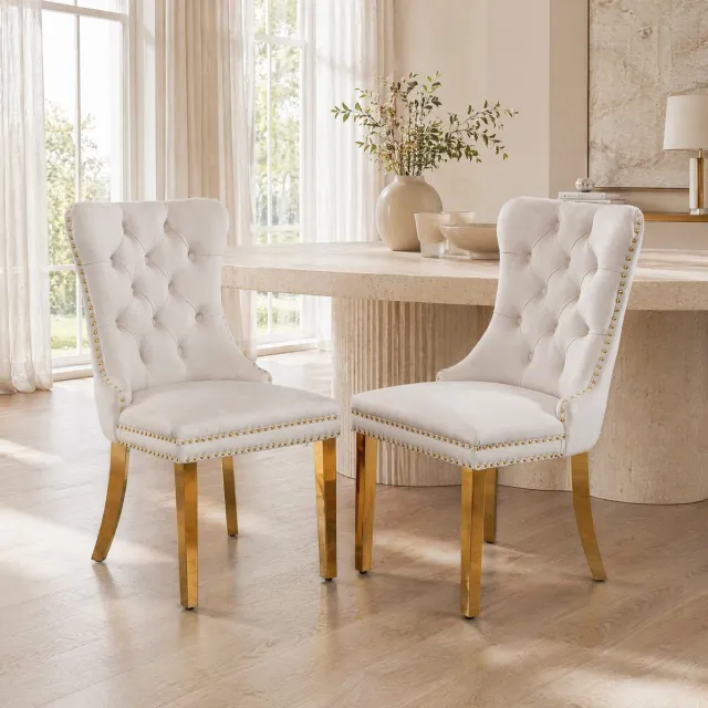 MEUNIQ beige eetkamerstoel set van 2 met hoge rugleuning, gecapitonneerde velvet zitting, gouden metalen poten en eenvoudige montage voor eetkamer en woonkamer