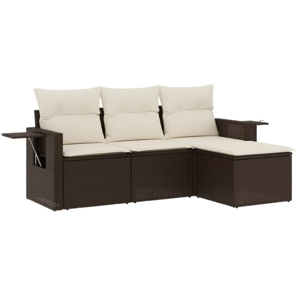 vidaXL 4-delige Loungeset met kussens poly rattan bruin, foto 3